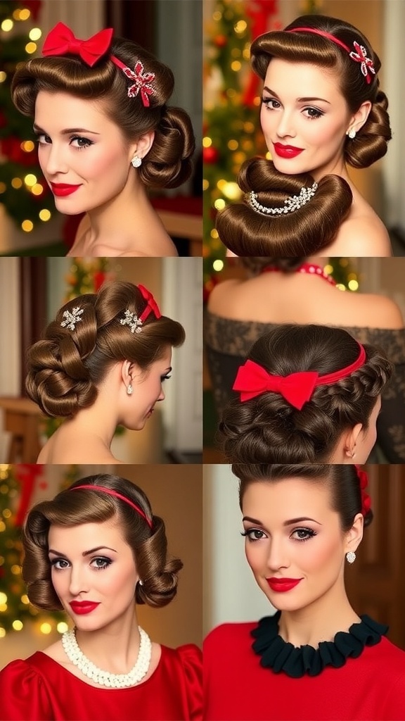 Collage of vintage hairstyles for Christmas, showcasing elegant waves, rolls, and braids with festive accessories.